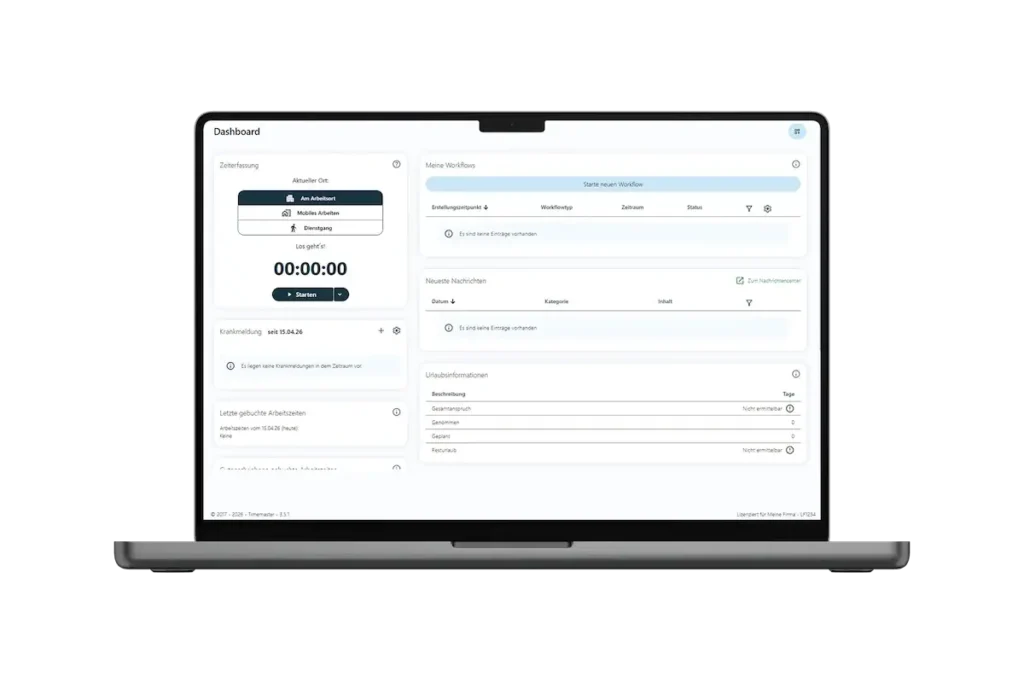 Mitarbeiter-Dashboard für Zeitbuchungen, Workflows und Informationen
