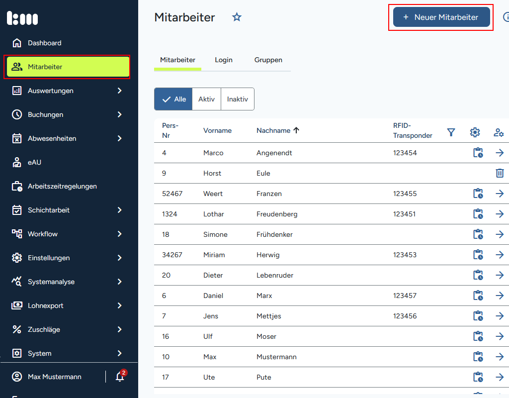 Anlegen eines neuen Mitarbeiters