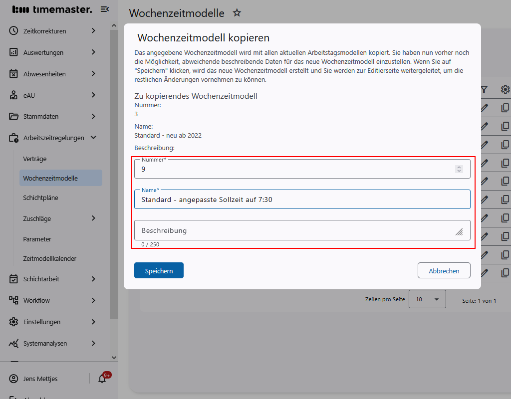 Umbenennen des kopierten Wochenzeitmodells