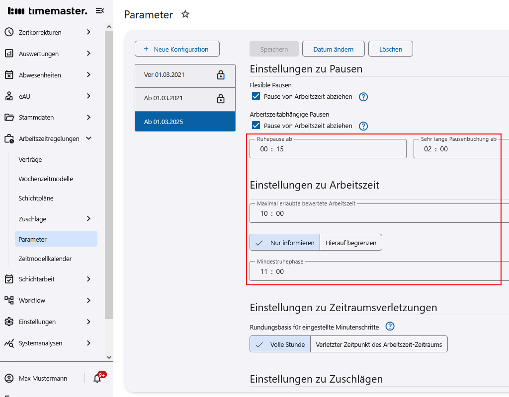 Einsicht der Pausenparameter