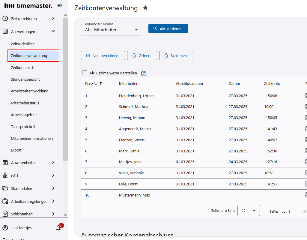 Einsicht in die Zeitkontenverwaltung