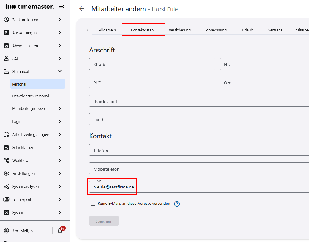 Hinterlegen einer Mailadresse im Personalstamm