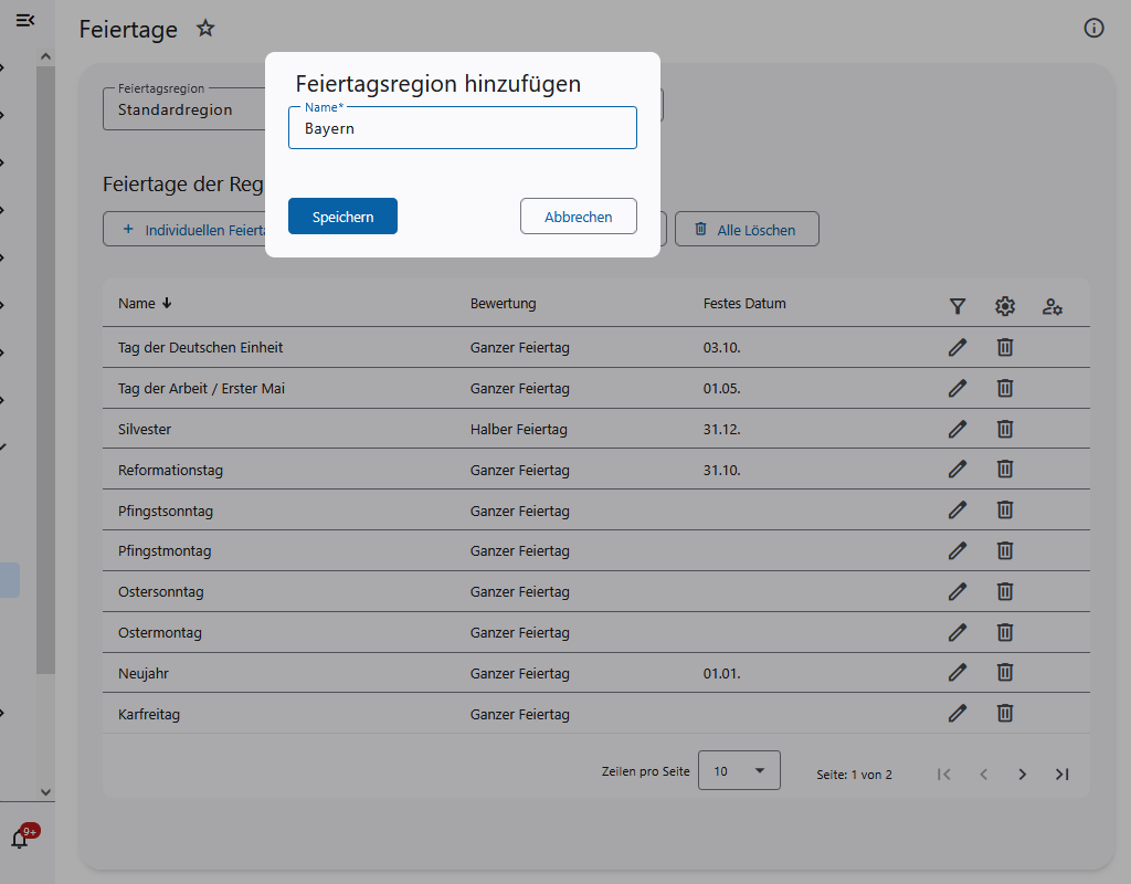 Vergabe eines Namens für eine neue Feiertagsregion