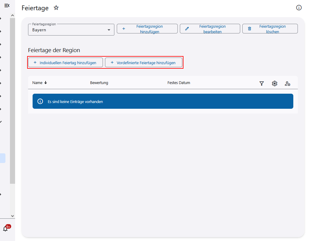 Hinzufügen von Feiertagen zur Feiertagsregion