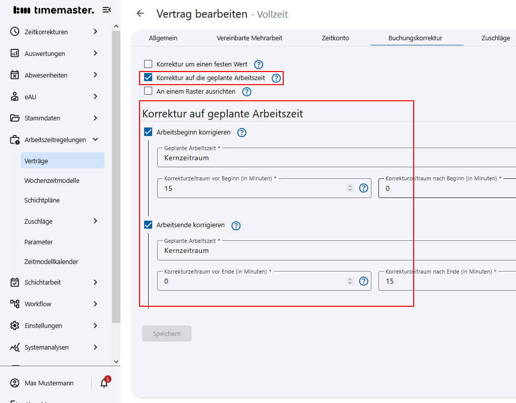 Verwendung der Korrektur auf die geplante Arbeitszeit