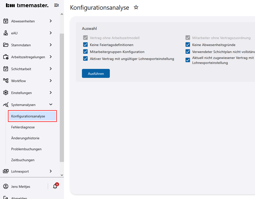 Menüpunkt der Konfigurationsanalyse