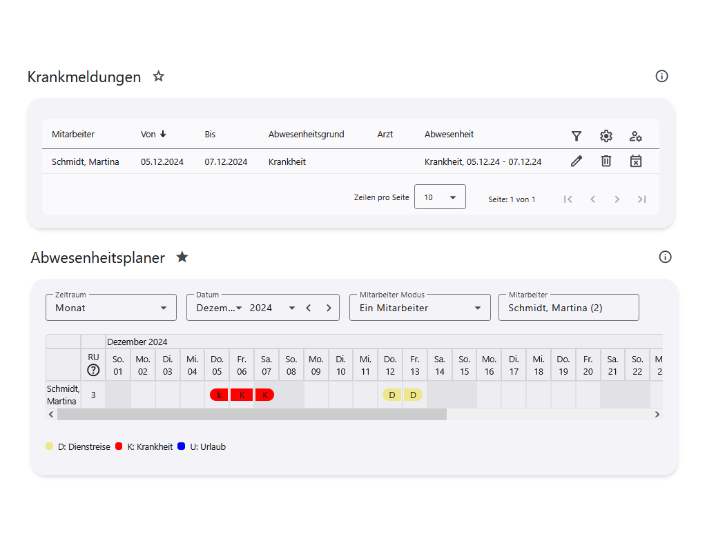 Ansicht von Abwesenheitsplaner und Krankmeldung
