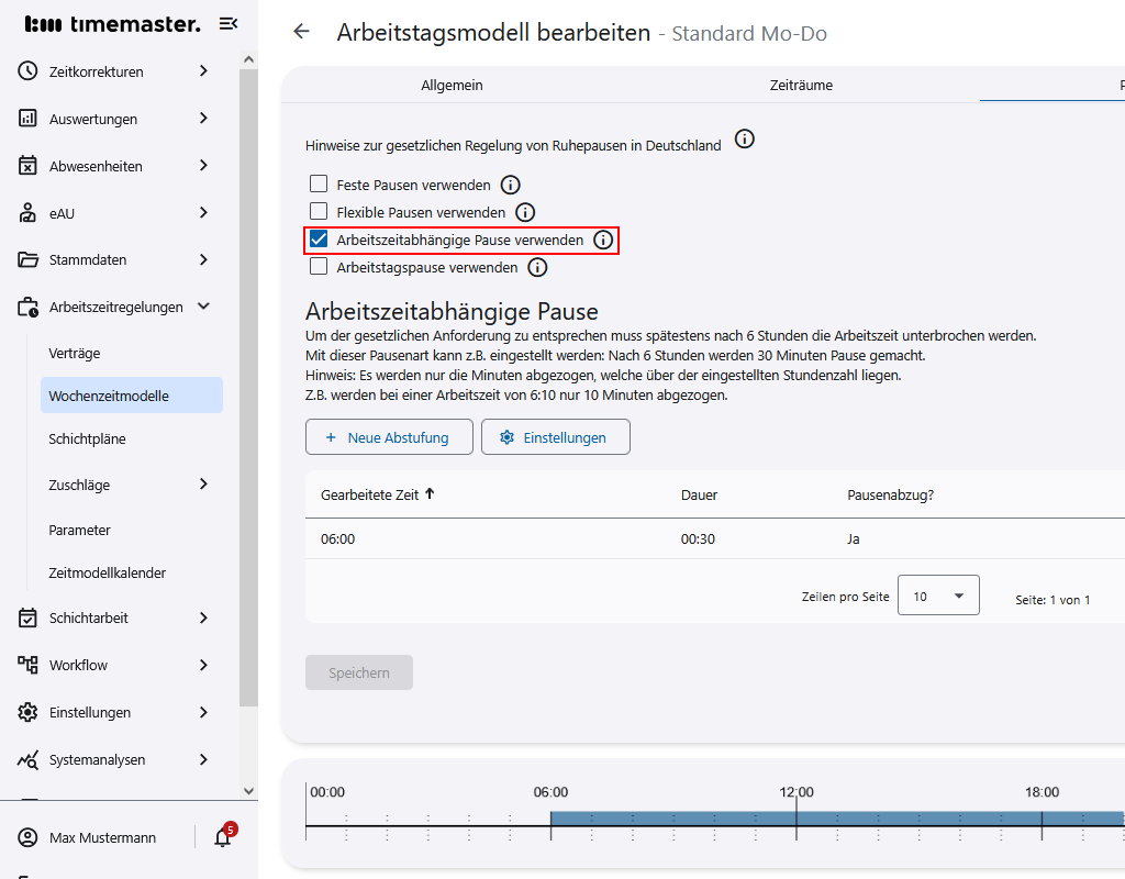 Konfiguration der arbeitszeitabhängigen Pause