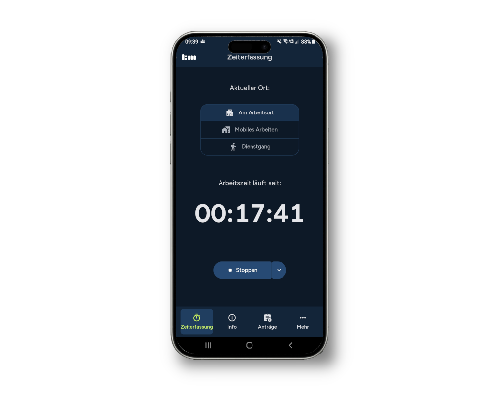 Startseite der Timemaster App