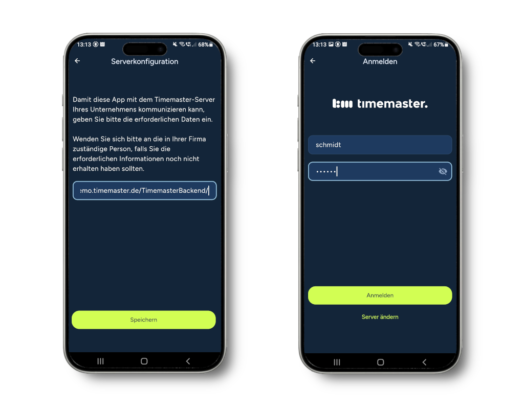 Am Smartphone wird die Ersteinrichtung der Timemaster-App gezeigt