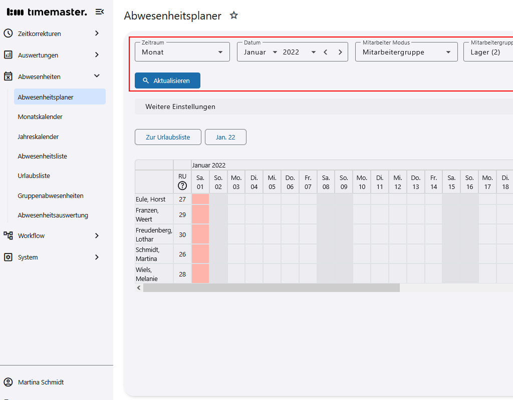 Einsicht in den Abwesenheitsplaner eine Gruppe