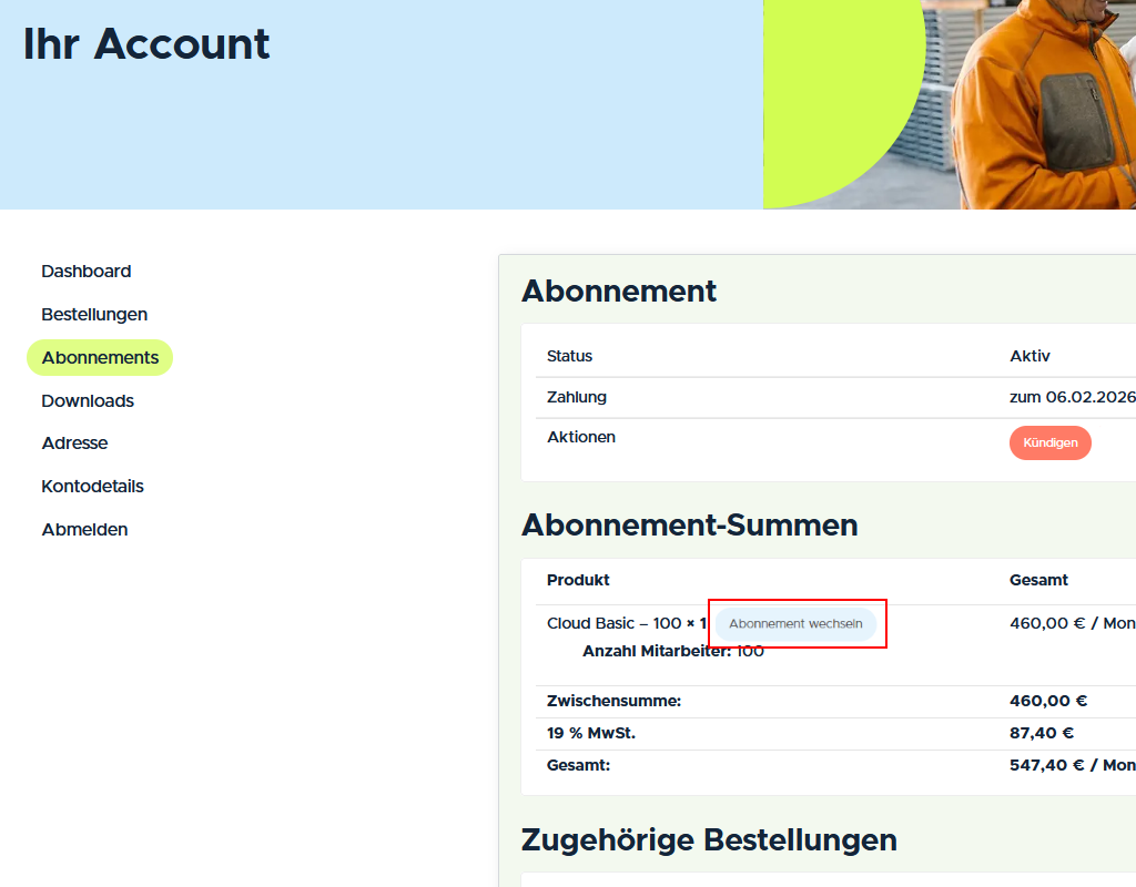 Erweiterung des Abonnenments über den Button