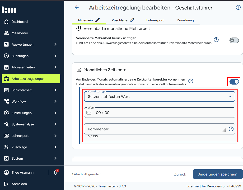Setzen einer Zeitkontokorrektur