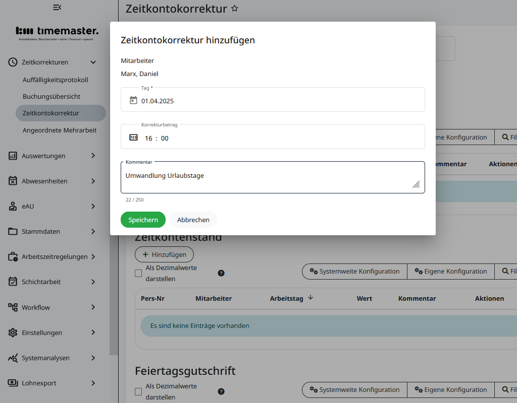 Eingabe der Kontokorrektur