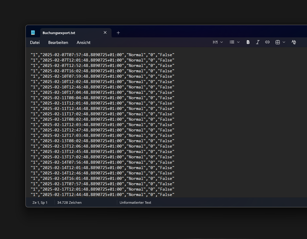 Ansicht des Buchungsexports