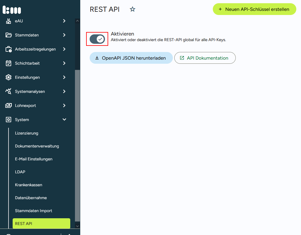 Einsicht in den Menüpunkt der REST API
