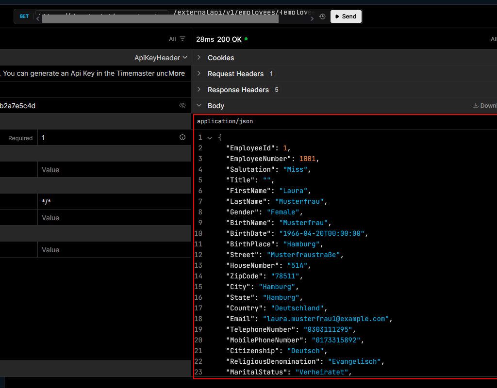 Ansicht der Ausgabe einer Test-Anfrage