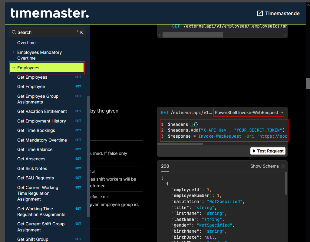 Suchen des Befehls für die API-Abfrage