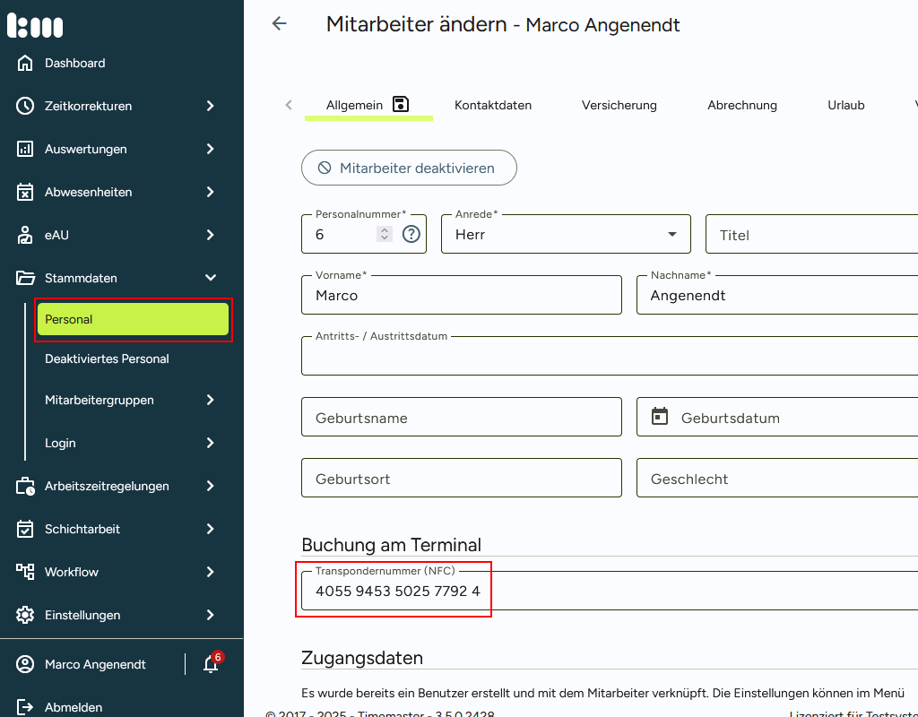 Eingabe der Transpondernummer im Personalstamm