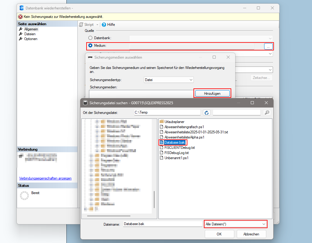 Rechtevergabe für den SQL Benutzer