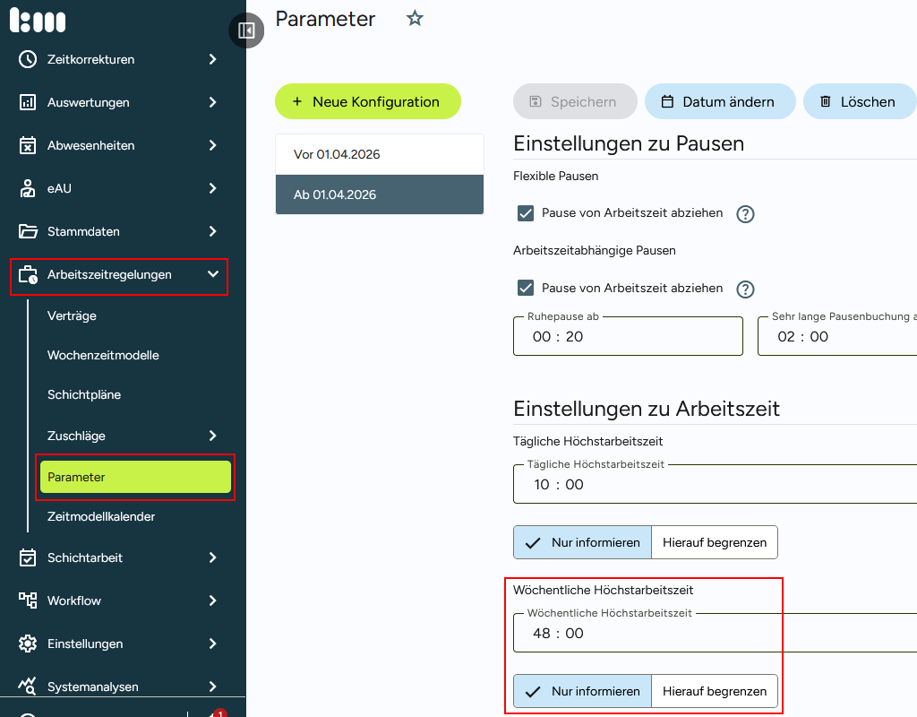 Konfiguration der Höchstarbeitszeit in den Parametern