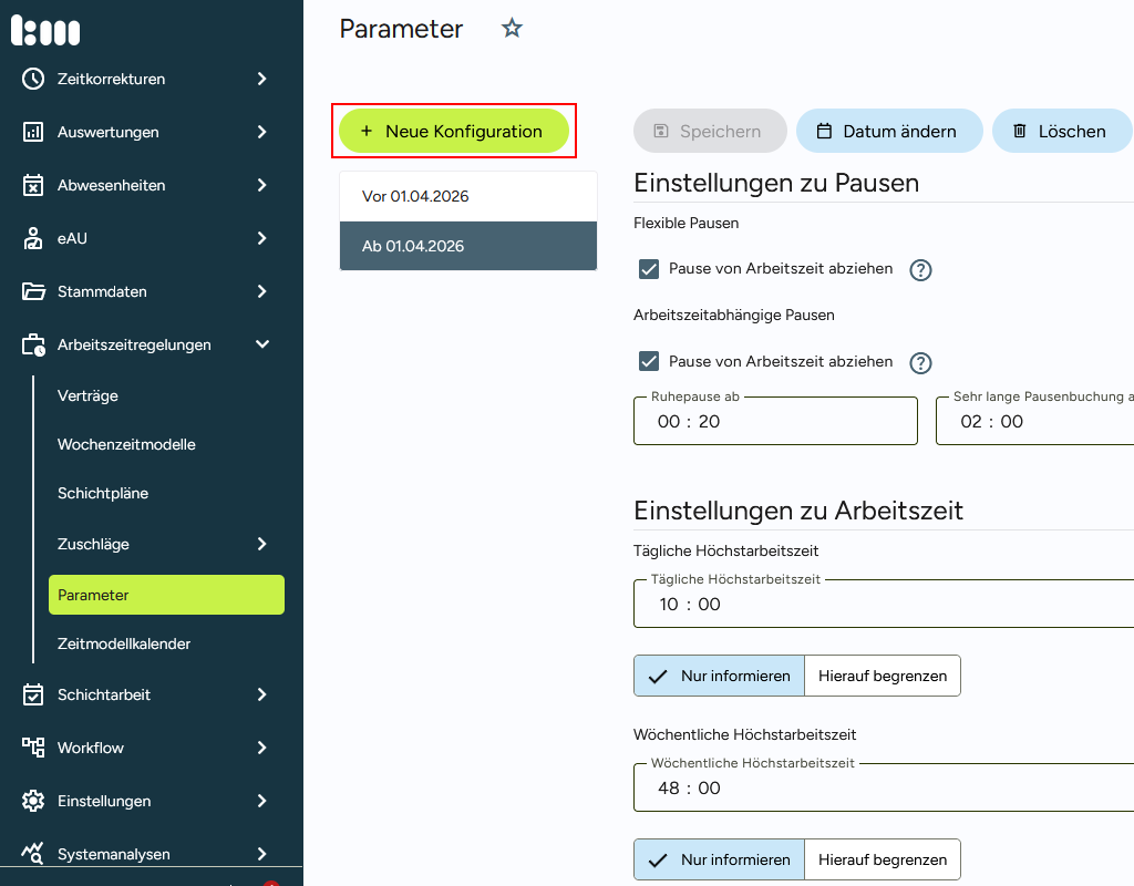 Anlegen einer neuen Parameterliste