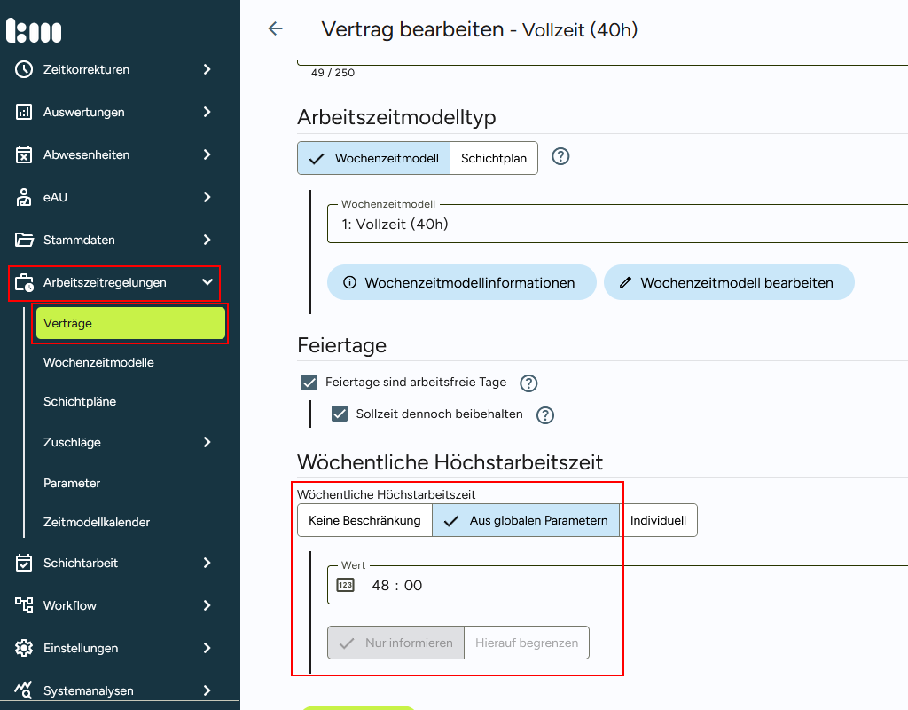 Ansicht des Parameters im Vertrag