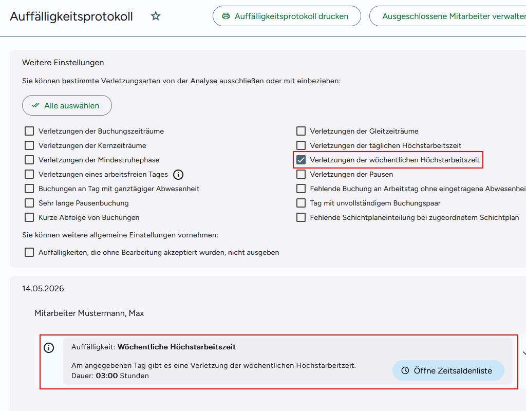 Ansicht der Auffälligkeit im Auffälligkeitsprotokoll